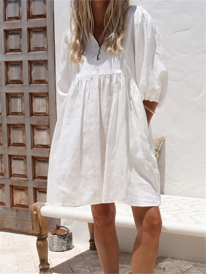 Summer New Women's Fashion Loose V-neck Dress Bubble Sleeve Solid Color Cotton Linen Dresses-Cosfine