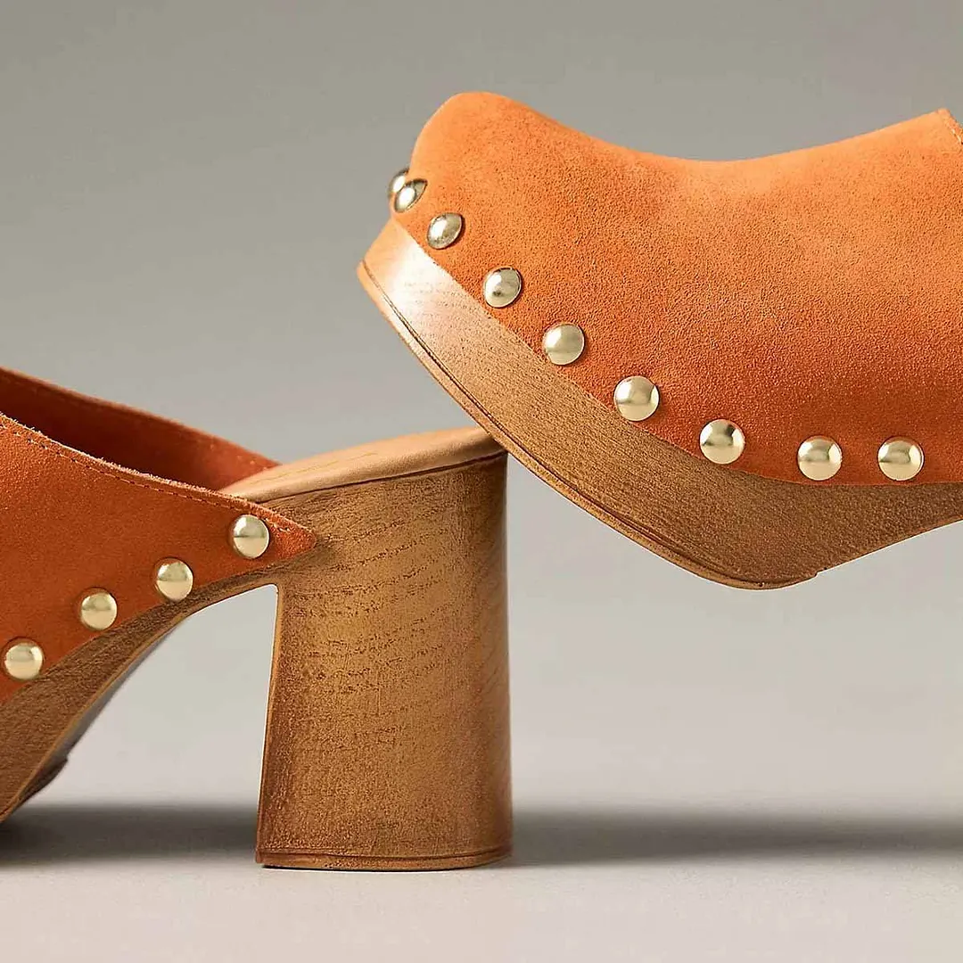 Orange Vegan Suede Studded Round Toe Platform Womens Mules Shoes