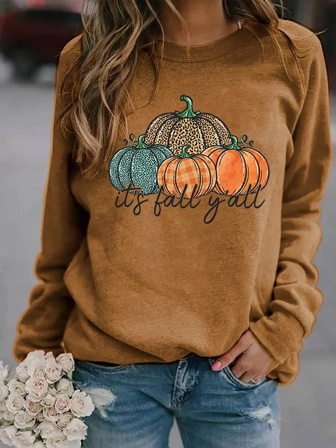 Women's It's Fall Y'all Pumpkin Print Casual Sweatshirt