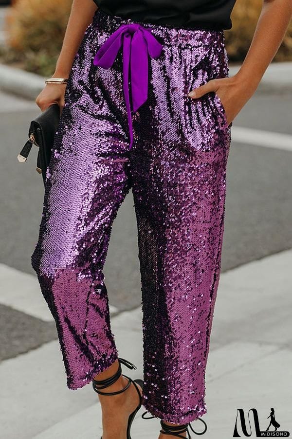 MidiSono - Solid Sequins Drawstring Cropped Trousers