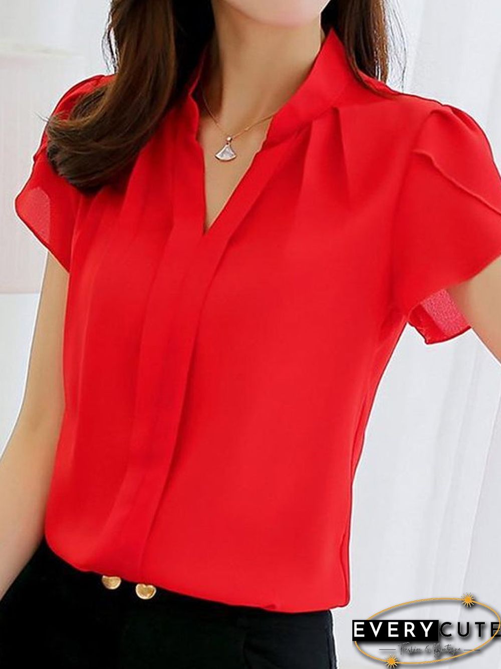 Women's Blouse Shirt Solid Colored V Neck Standing Collar Tops Basic Top White Blue Red-0204810