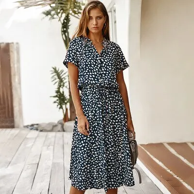 Women's Dress Midi Dress Female Elegant Bohemia Vestido Beach Party Outfit Dress Za Vintage Polka Dot V Neck Short Sleeve Autumn