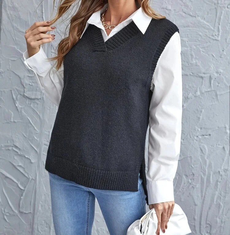 Mongw Mongw And Autumn New Style Irregular Knitting Vest Fashion Casual Women's Wear V-Neck Sweater Women
