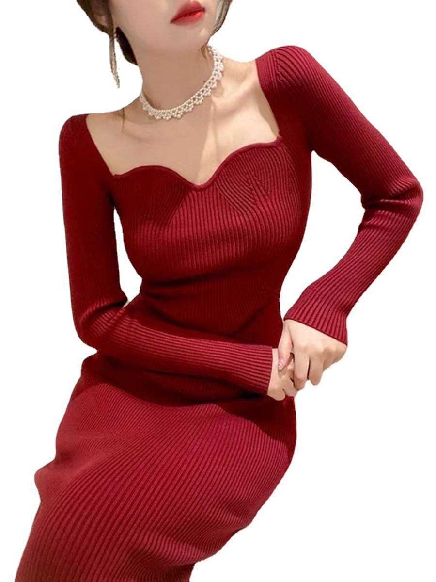 Elegant Knitted Dress Square Collar Solid Color Midi Sweater Dress