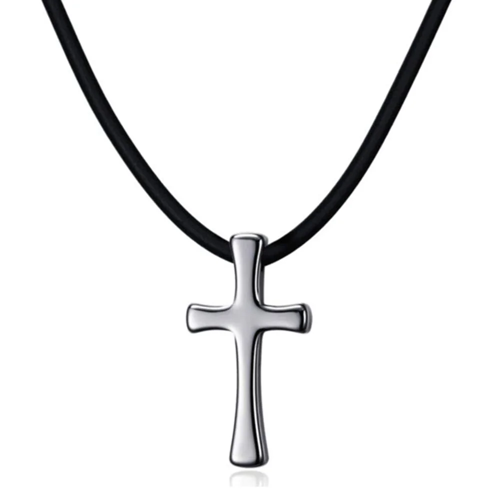 Women's Or Men's Choker Simple Tungsten Carbide Budded Cross Pendant Necklace in Silver Tone With Black Rubber Rope Chain Kolye Male Jewelry Gifts For Mens And Womens