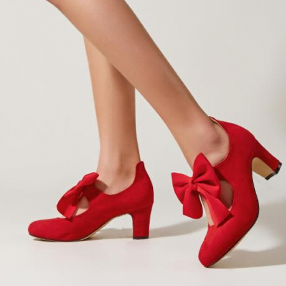 Red Vegan Suede Vintage Shoes Bow Embellished Block Heel Pumps