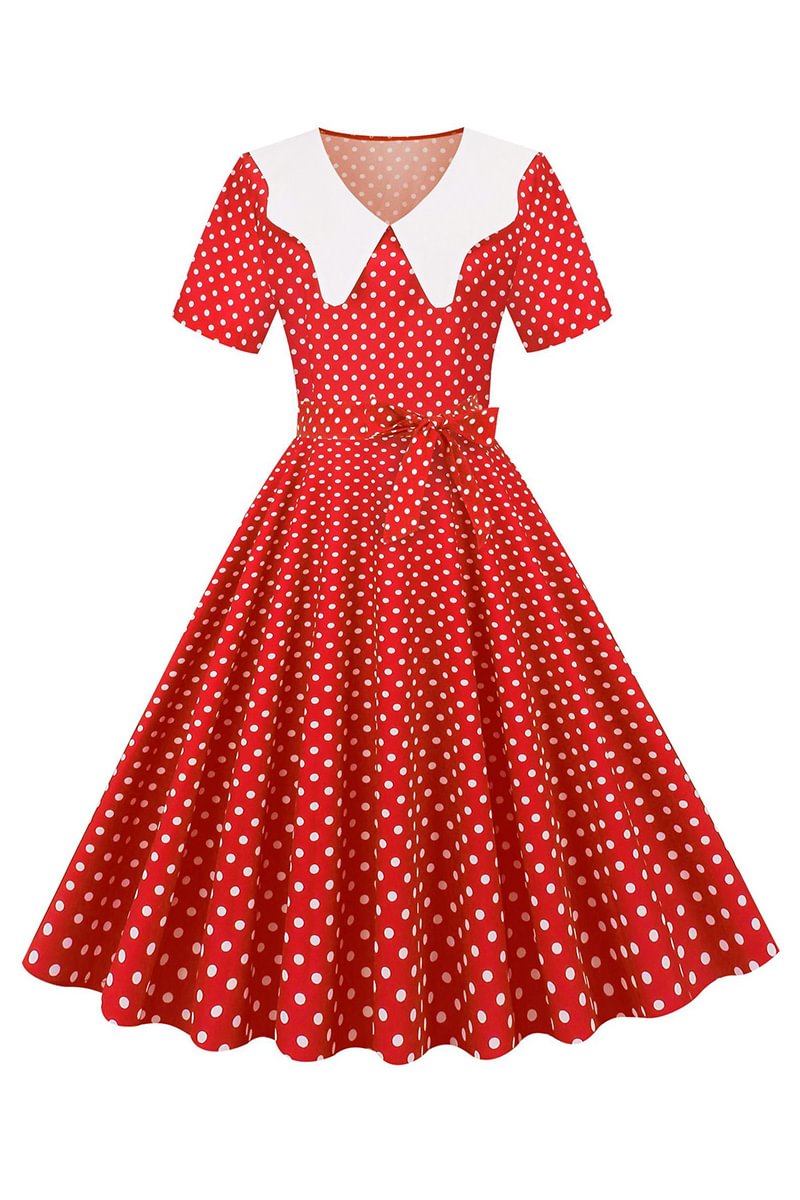 1950s Red Retro V Neck Polka Dot Print A-Line Midi Dress