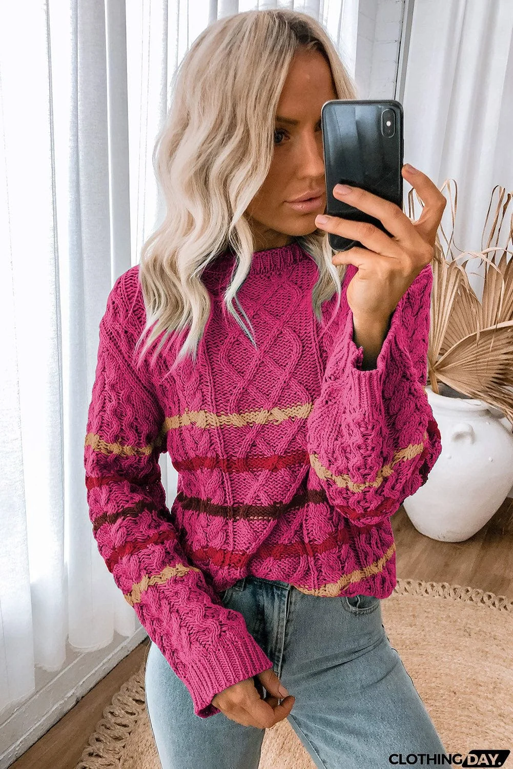 Striped Color Block Textured Knit Pullover Sweater
