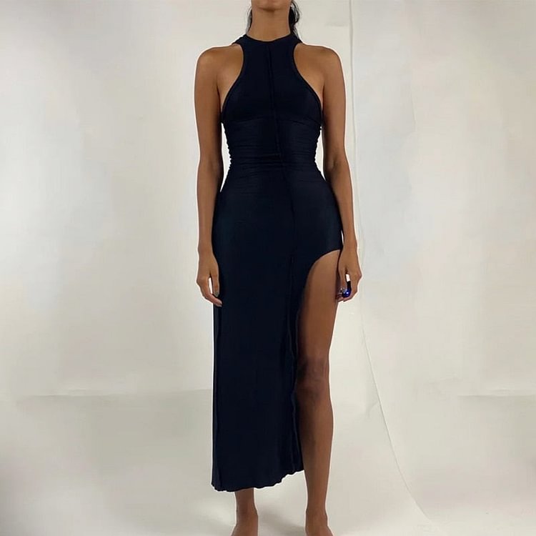 Women Summer Patchwork Bodycon Solid Color Sleeveless Split Long Tank Dress 2022 Female Clothing Streetwear - BlackFridayBuys