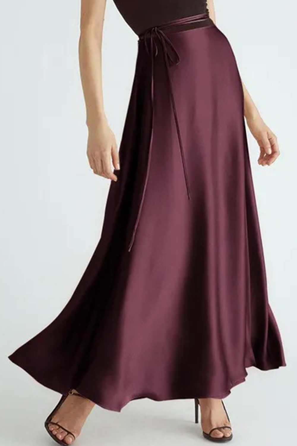 Plus Size Formal Burgundy Satin Lace Up High Waist Slit Maxi Skirt 2024 - Flycurvy 