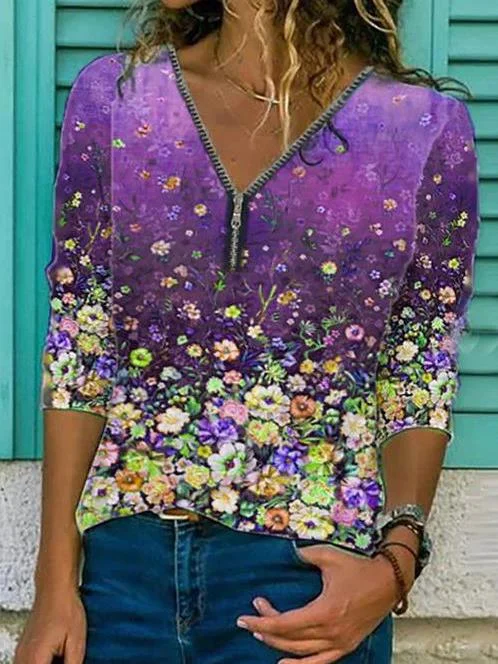 Women 3/4 Sleeve V-neck Printed Zipper Tops