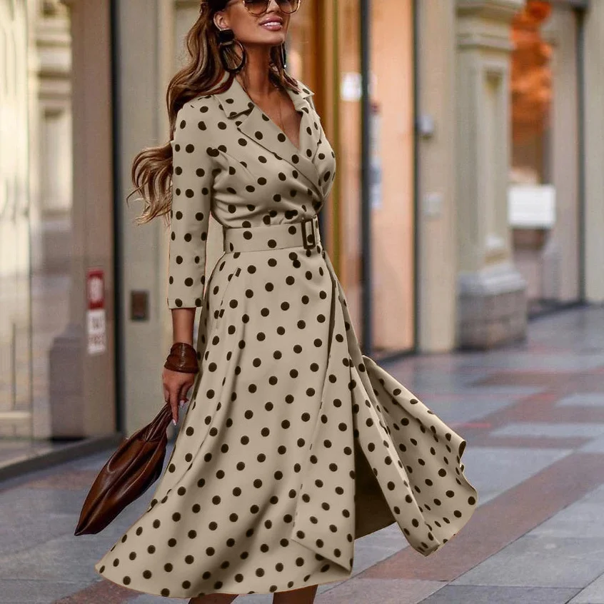 Fashion Polka Dot Printed V-Neck Slim Long Skirt