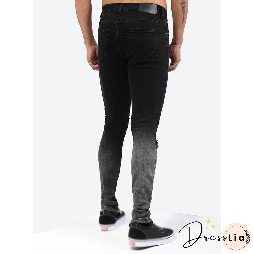 Men's Small Feet Black Fashion Jeans With Ripped Zipper Ankle