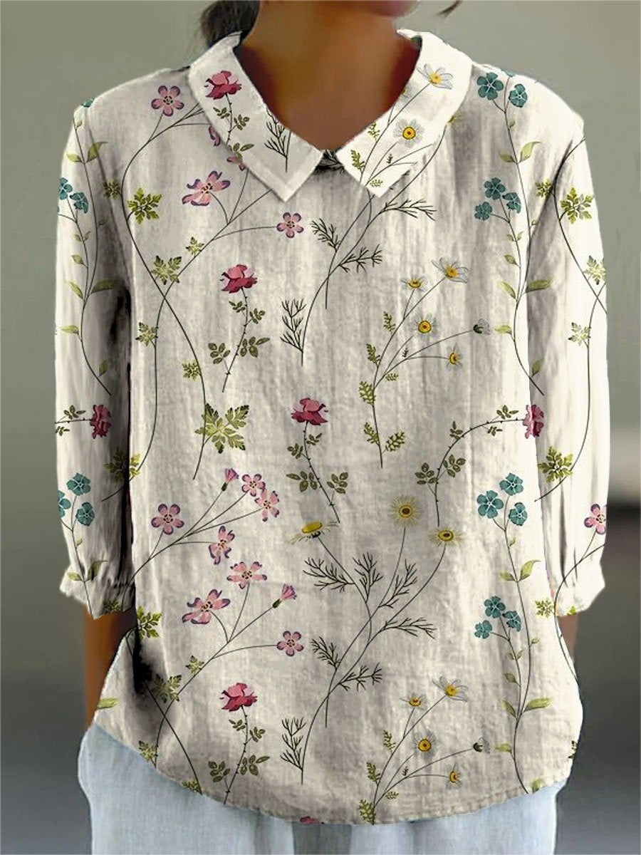 Women's Vintage Floral Art Print Casual Cotton And Linen 3/4 Sleeve Shirt