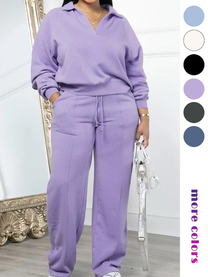 Women's Solid Long Sleeve Sweatshirt & Drawstring Waist Pants Set, Casual Fashion Cozy Two-piece Outfits for Daily Outdoor Wear, Women Clothes for All Seasons