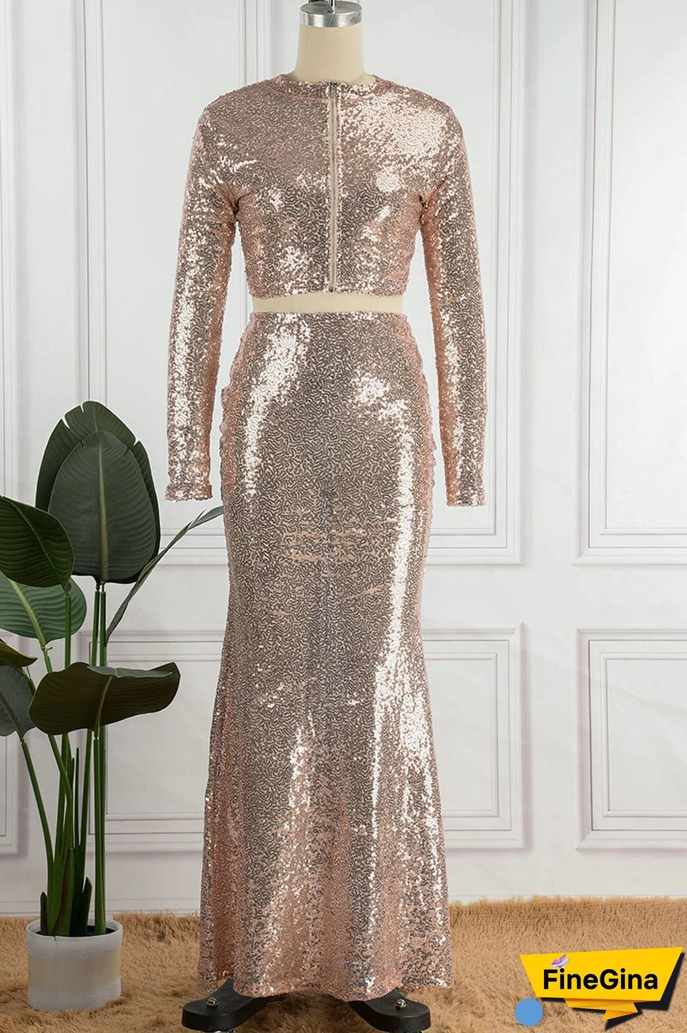 Champagne Sexy Solid Sequins Patchwork O Neck Long Sleeve Two Pieces