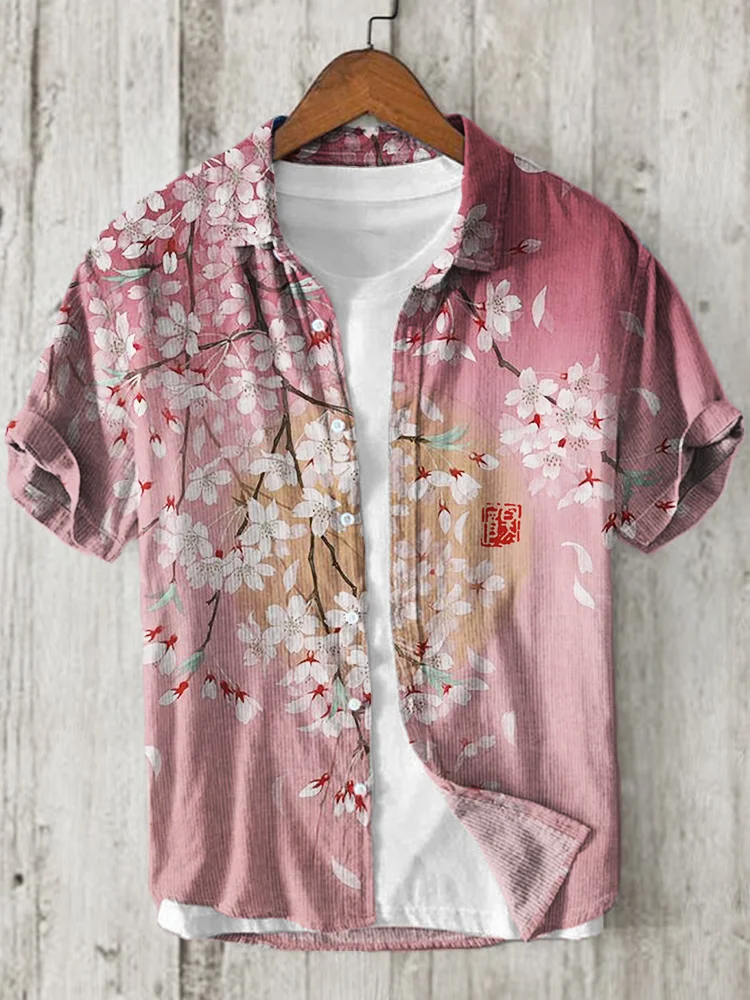 Wearshes Cherry Blossom Full Moon Japanese Art Linen Blend Shirt