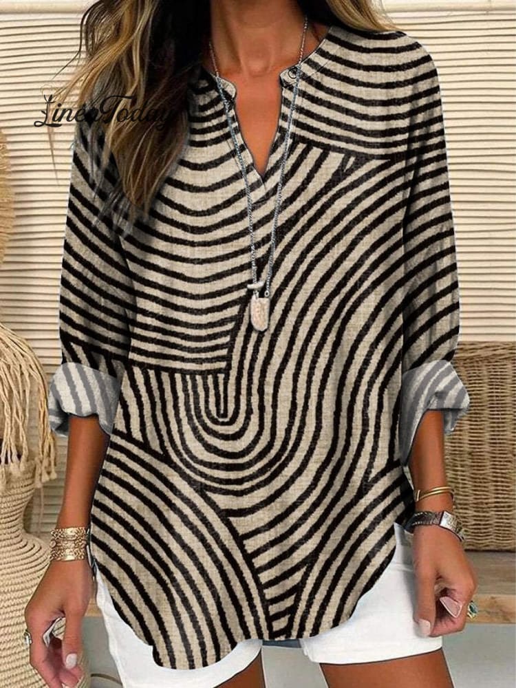 Women’s Vintage Hand Drawn Circle Line Print Casual Linen V-Neck Shirt Multicolor / S