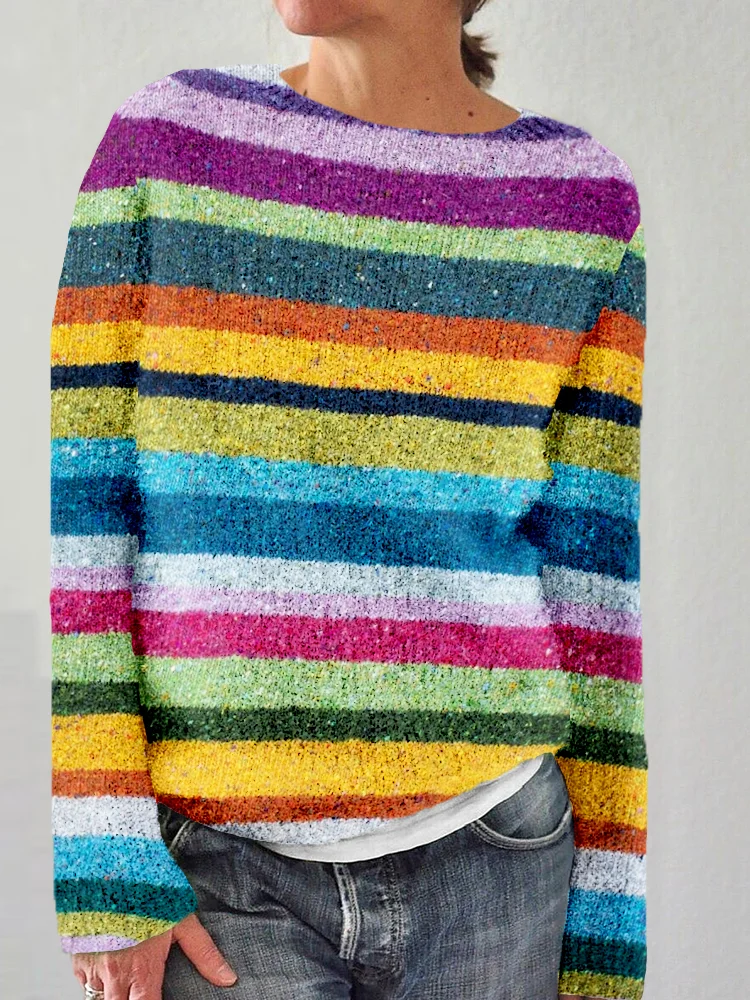 Colorful Striped Tweed Cozy Knit Sweater