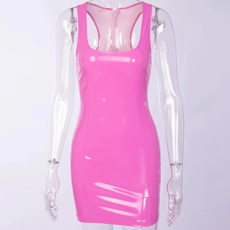 Huiketi PU Patent Leather Sheath Tank Dress PVC Latex Nightclub Dresses Bodycon Package Hip Summer Women Short Mini Low Cut Slim