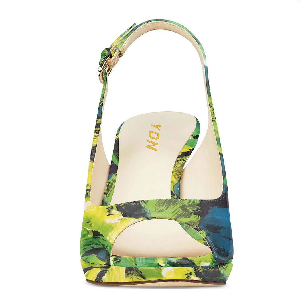 Trendy Printed Peep Toe Slingback Stiletto Heels in Green