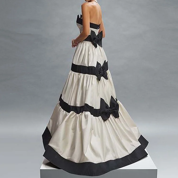 Elegant Tube Top Striped Bow Maxi Dress