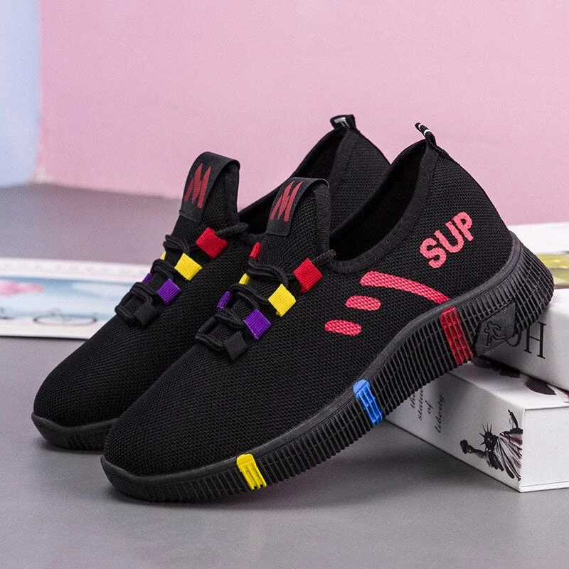 Women Breathable Platform Sneakers Fashion 2021 Spring New Lace-up Casual Shoes Women Vulcanized Shoes Black Shoes for Women