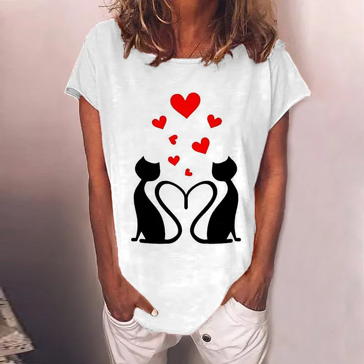 Casual Cat Heart Print T-Shirt