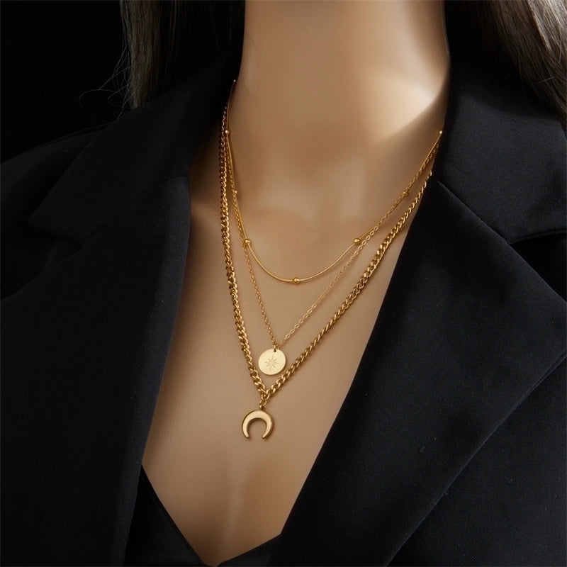 Stainless Steel 18K Gold Plated Vintage Style Gold Plated Star Moon No Inlaid Layered Necklaces