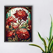 Stained Glass Red Flowers 30*40cm(canvas) full round drill diamond painting