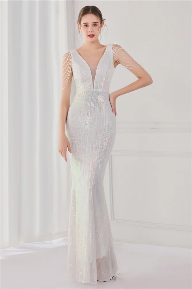 Classic V-Neck Mermaid Evening Party Dress Sequins Long YE0054 - lulusllly