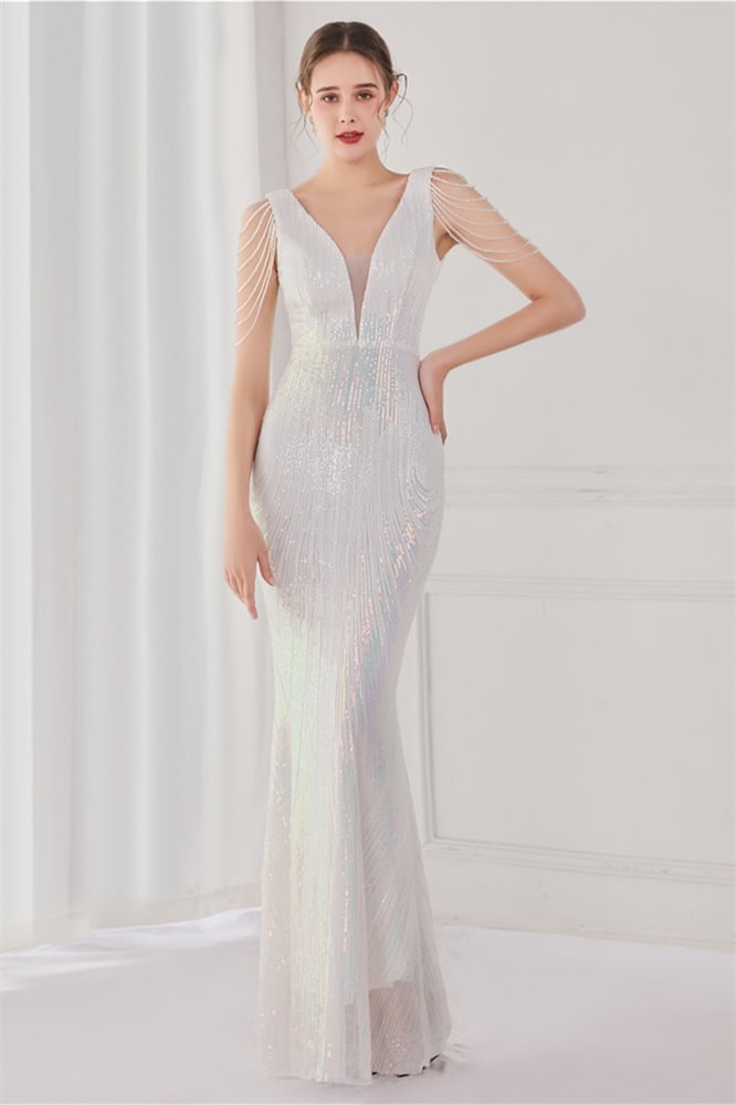 Luluslly V-Neck Mermaid Evening Party Dress Sequins Long YE0054