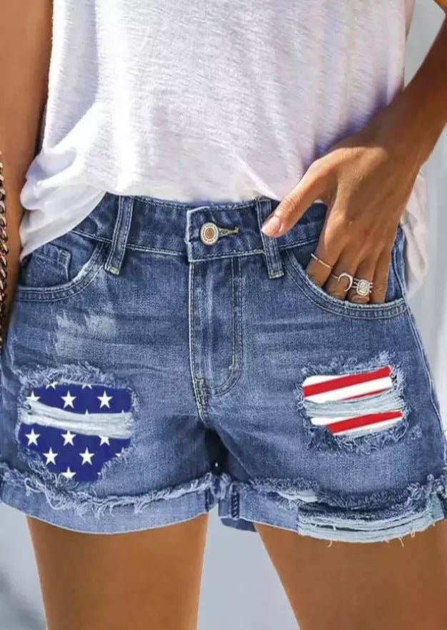 American Flag Star Striped Ripped Hole Denim Shorts