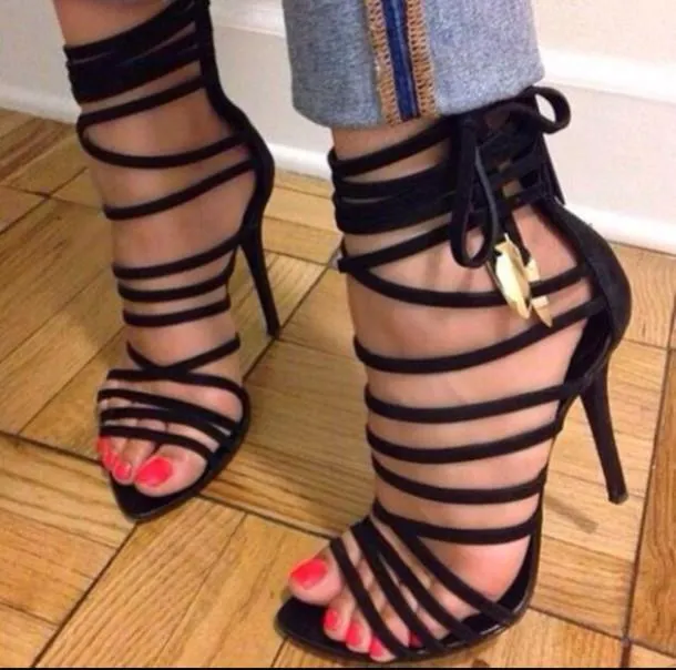 GOOSHOE Women's High Heel Gladiator Black Strappy Stiletto Sandals