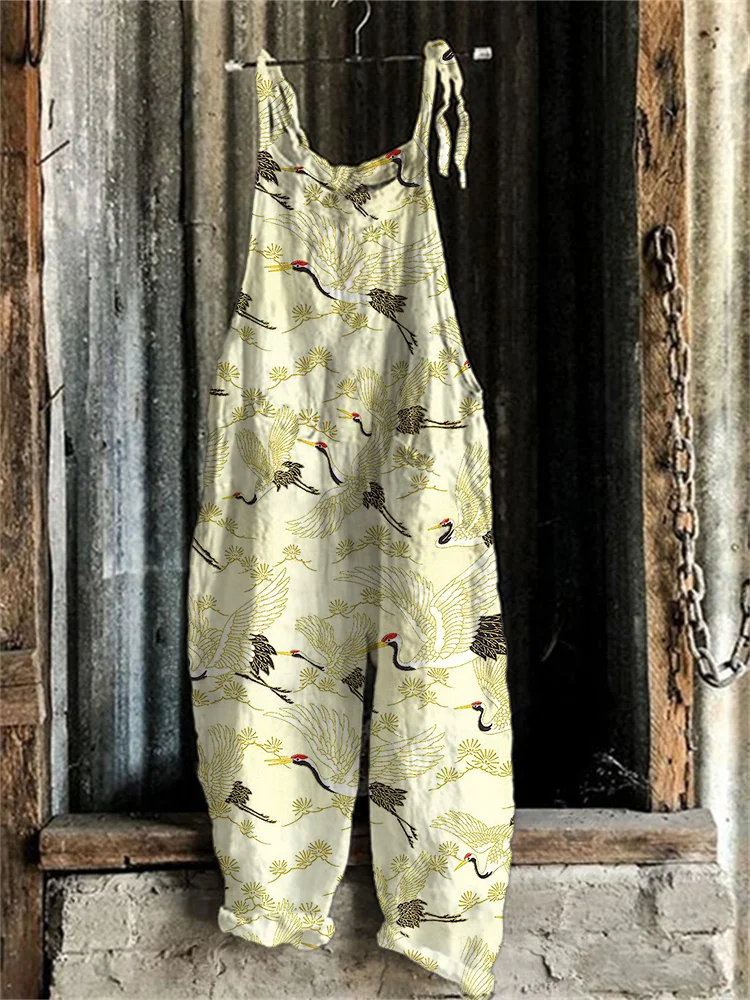 Cranes & Pine Trees Japanese Pattern Linen Blend Jumpsuit