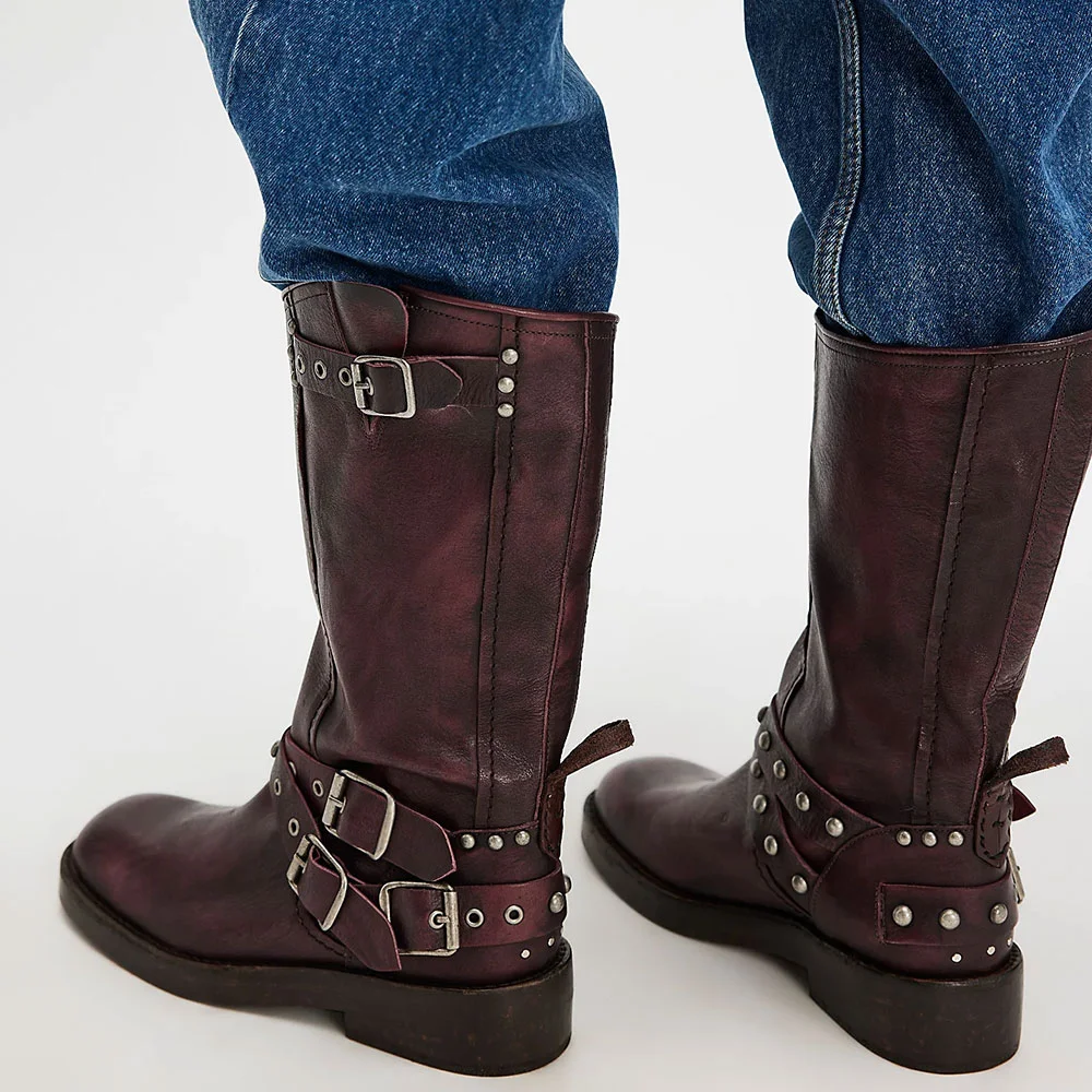 Maroon Low Chunky Heel Decorative Buckle Strap Studded Boots for Women