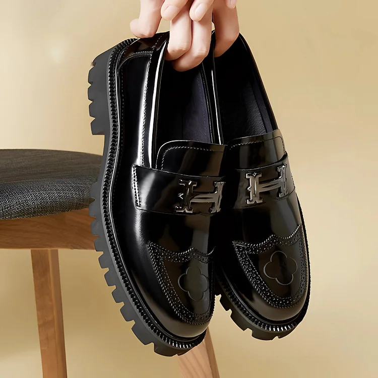 Burgundy Leather Men's Chunky Loafers with Metal Buckle Radinnoo.com