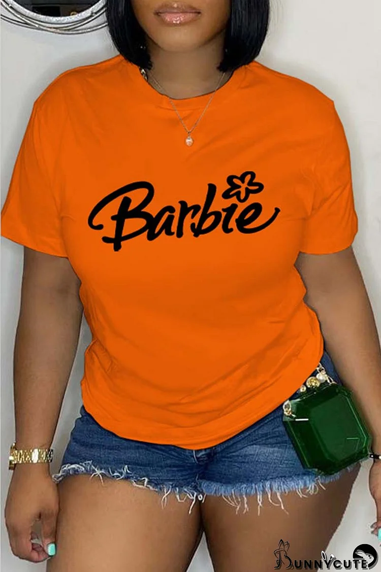 Orange Casual Letter Print Basic O Neck T-Shirts