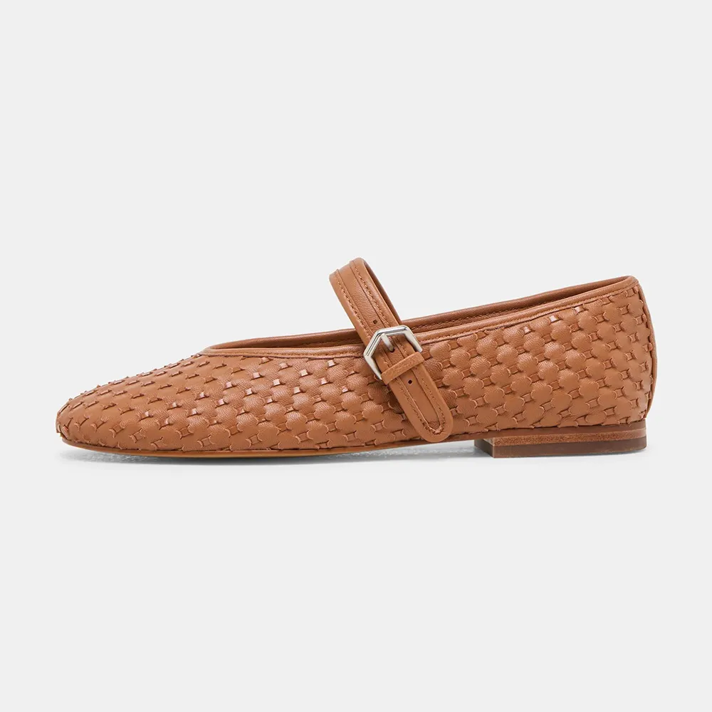 YDN Brown Round Toe Woven Buckle Strap Flat Shoes for Women