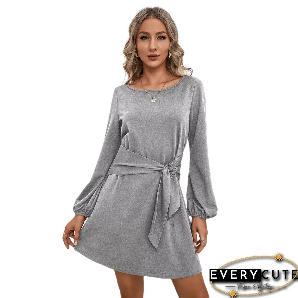 Gray Round Neck Tie Waist Long Sleeve Dress