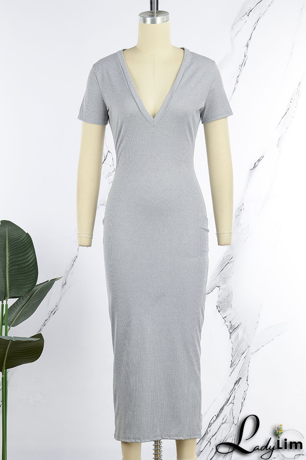 Coffee Casual Solid Basic V Neck Short Sleeve Dress Dresses