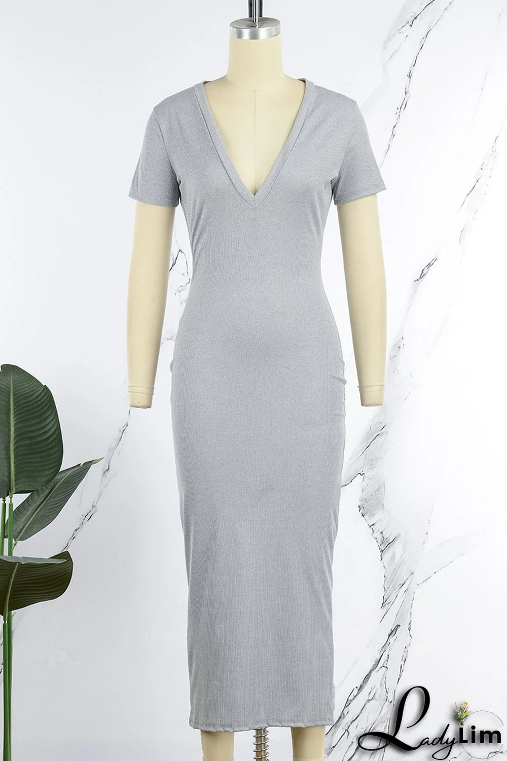 Coffee Casual Solid Basic V Neck Short Sleeve Dress Dresses