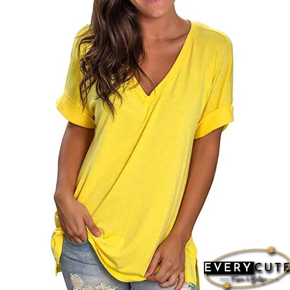 Yellow V Neck Loose Casual T-shirt