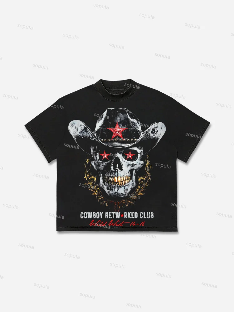 Men's Vintage Wild West Skull Graphic Cotton T-shirt