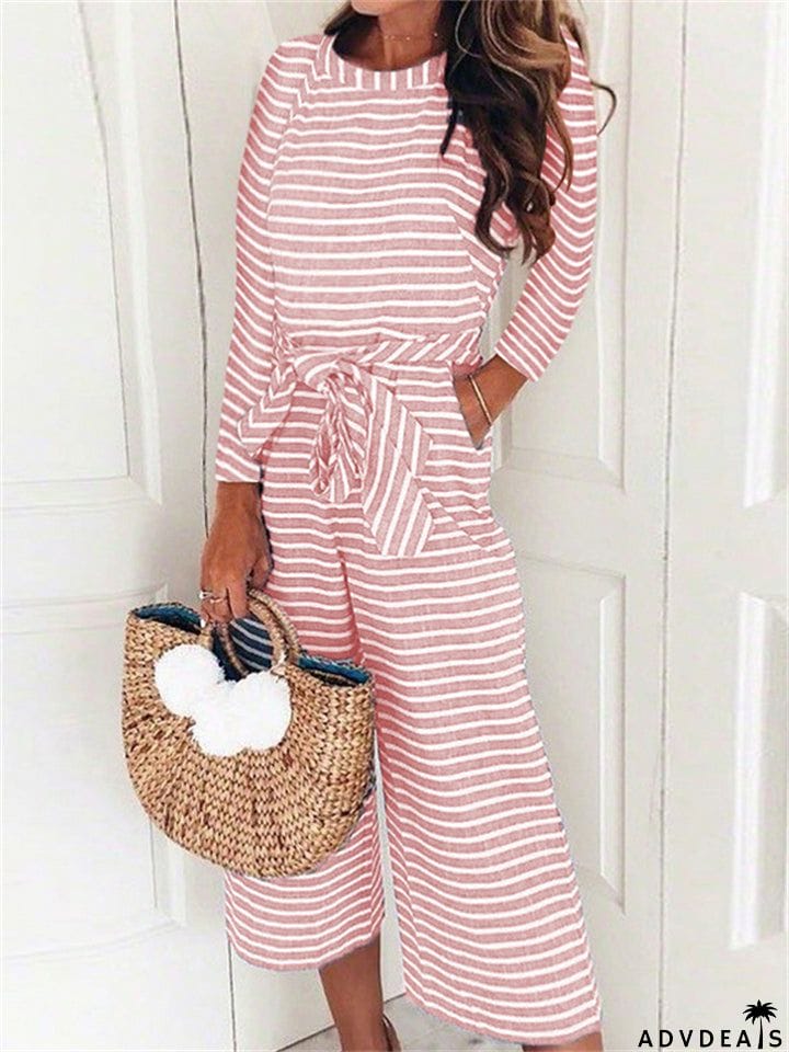 Women's Boho Striped Long Sleeve Round Neck Lace Up Rompers