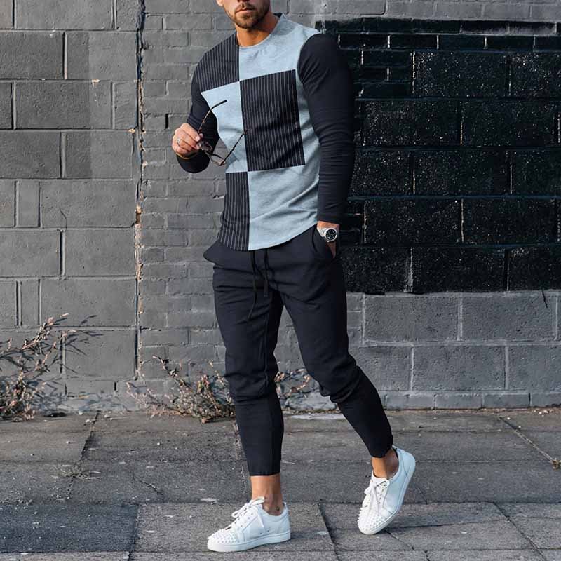 Vertical Stripe Stitching Contrast Color Long Sleeve T-Shirt And Pants