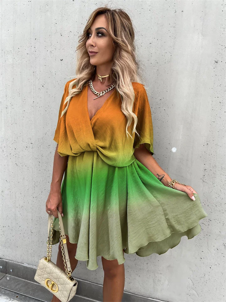 Spring and Summer New Gradient Loose Midriff V-neck Short-sleeved Dress Casual Wind Multicolor Dress Women-Mixcun