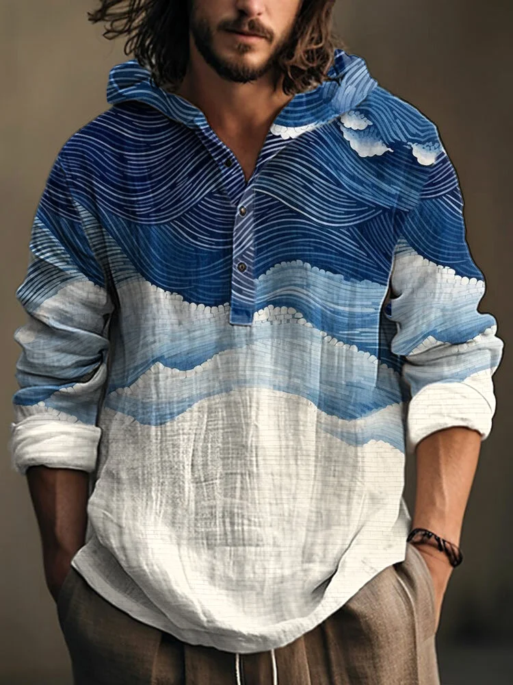 Comstylish Vintage Japanese Art Sea Wave Linen Hooded Shirt