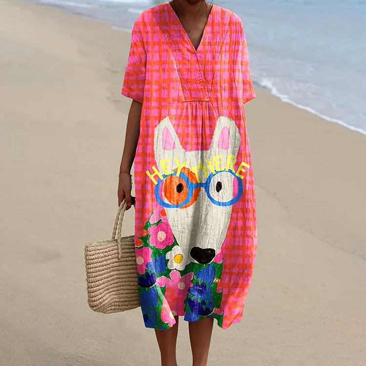 Women's Dog Art Print Casual Midi Dress