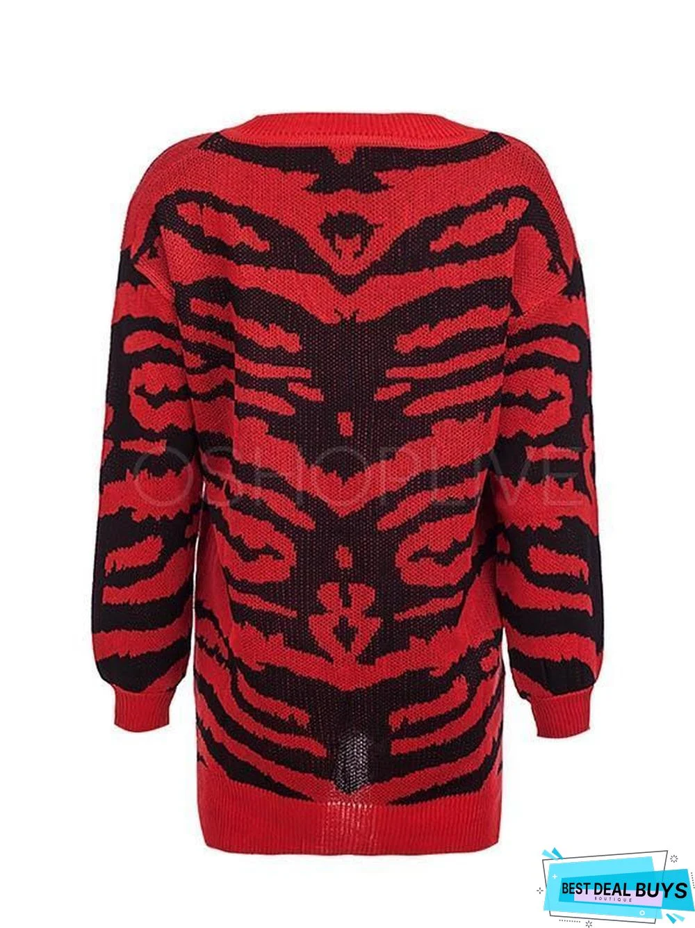 Printed Slit Long Sleeve V-Neck Sweater